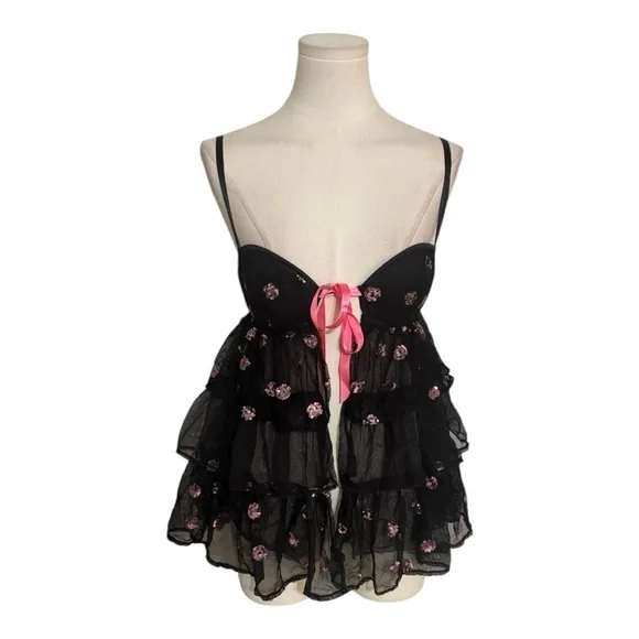 VICTORIA’S SECRET Sexy Little Things… Black Pink Ruffle Mesh Lingerie Corset 34C